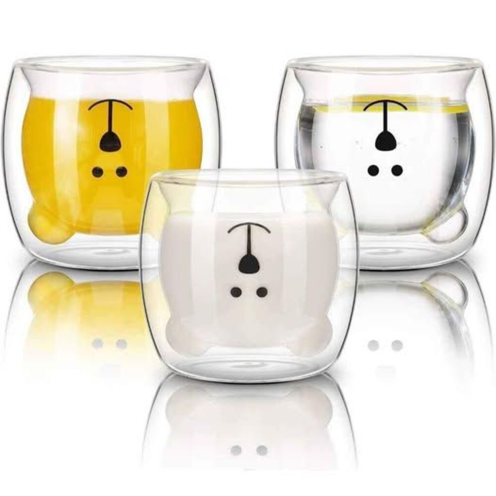 NEW Set Of 3 Bear Head Cups 8.4OZ Glass Expresso Juice Novelty